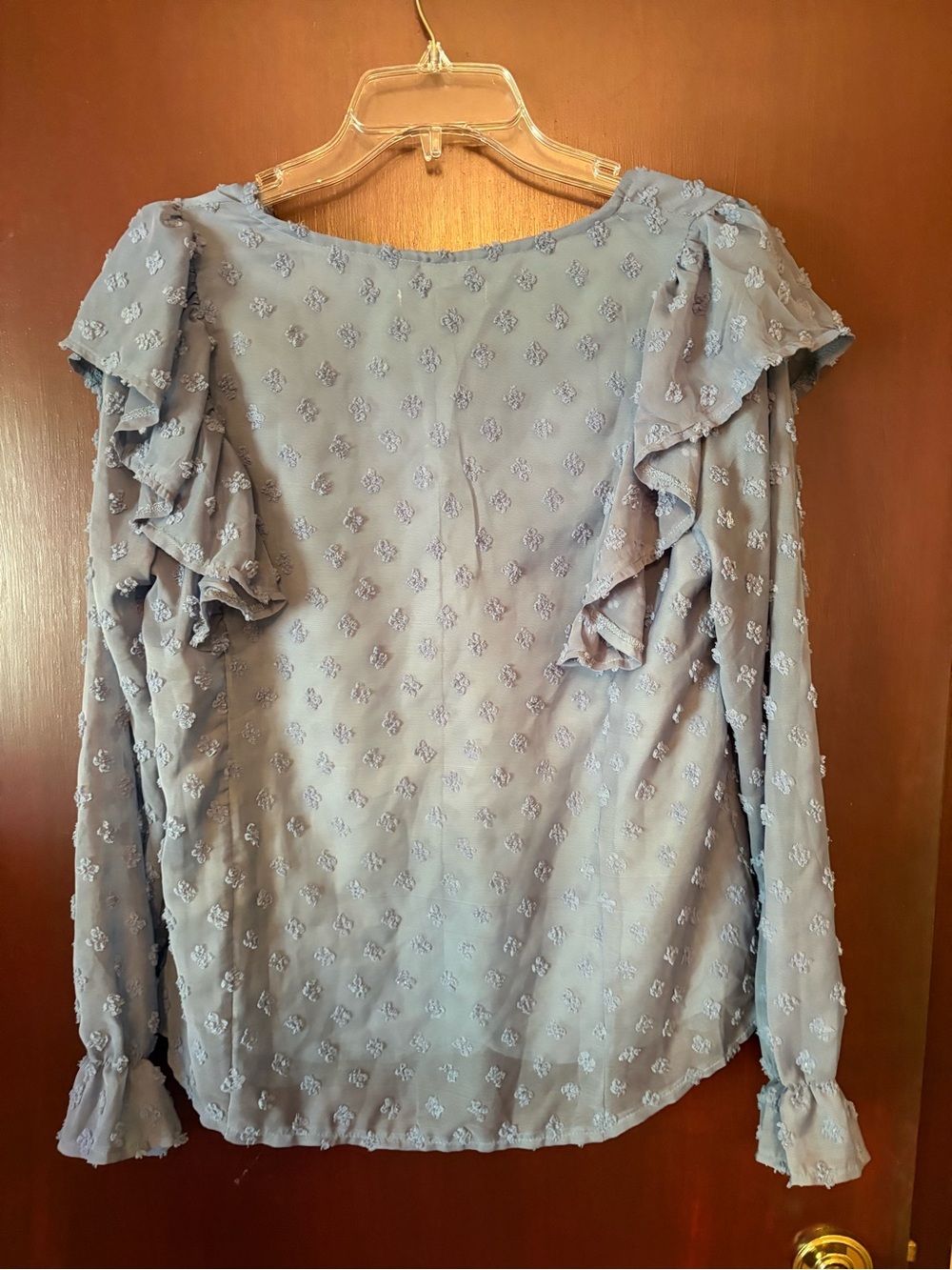 Blue Swiss Dot Ruffle long Sleeve top Medium - Picture 3 of 8